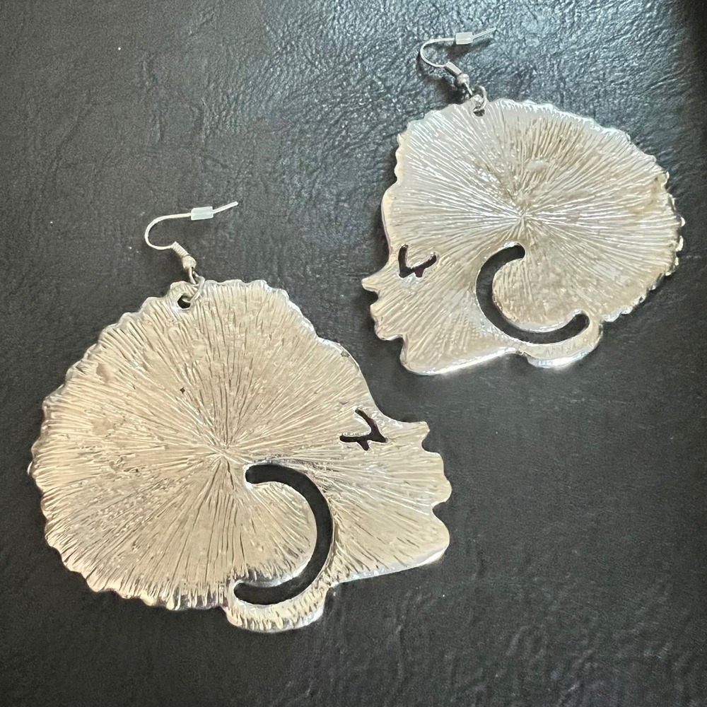 Vintage Large Heavy Silver Afro Queen Profile Dangle Earrings 3" Afrocentric 90s